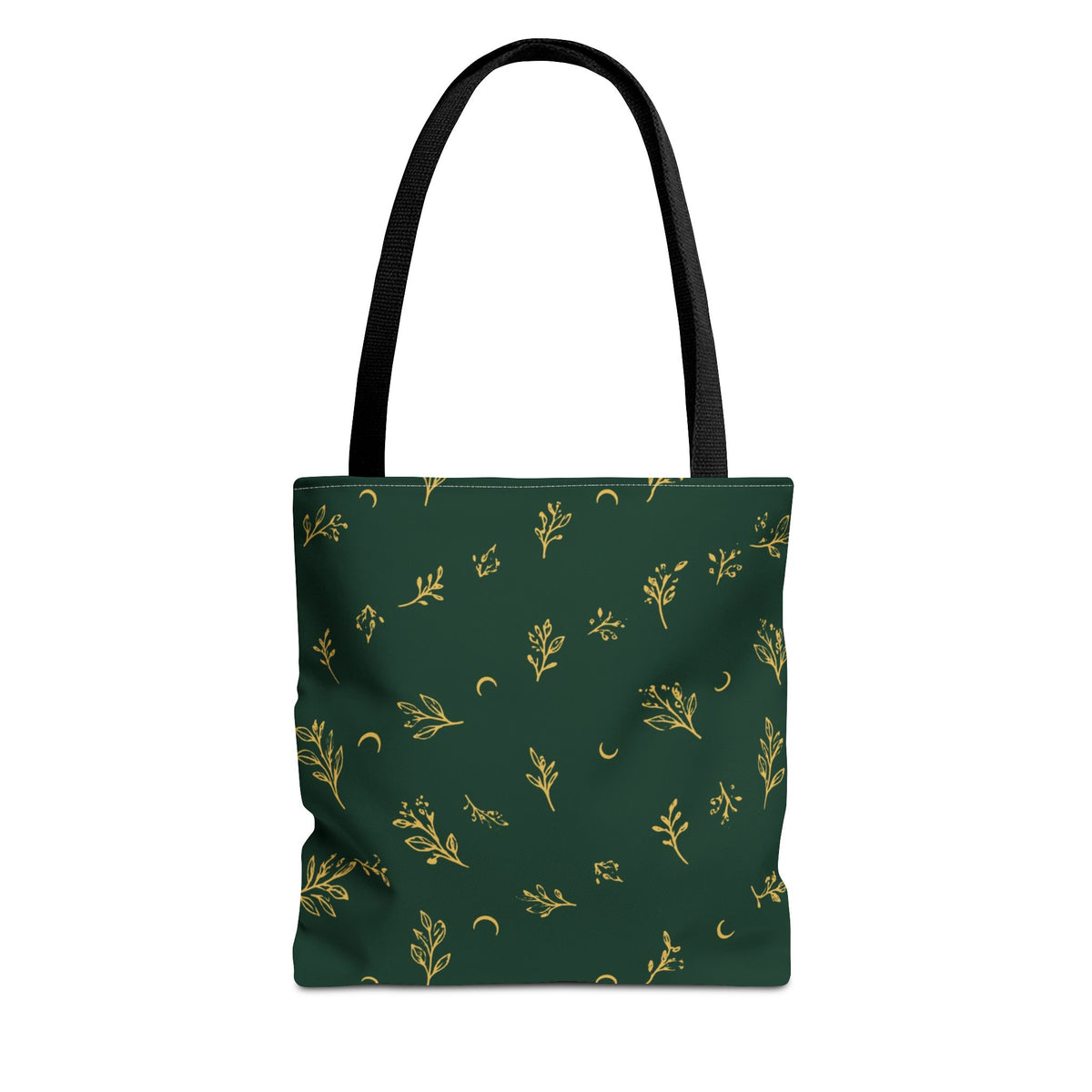 Botanical Gold tote bag, 13" × 13": deep green with gold botanical sprigs and crescent moons, front