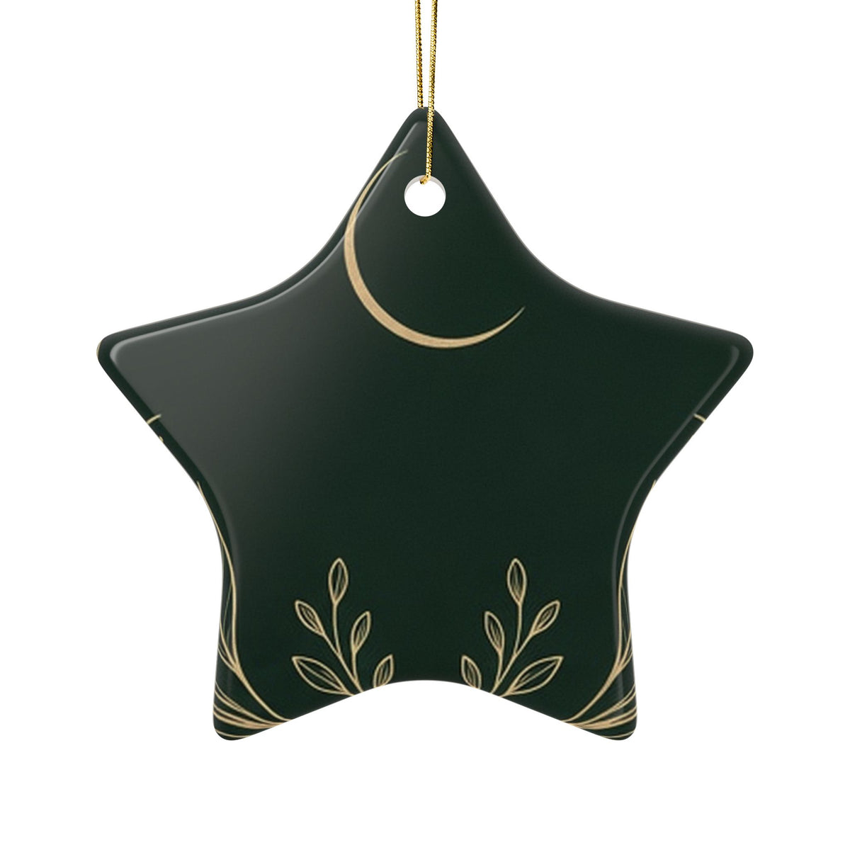 Botanical Gold ceramic ornament, star: gold crescent moon and sprigs on deep green