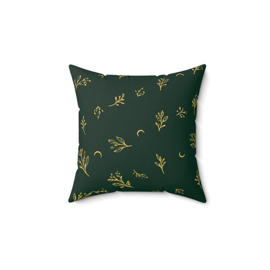 Botanical Gold throw pillow, 14" × 14": deep green with gold botanical sprigs and crescent moons, front