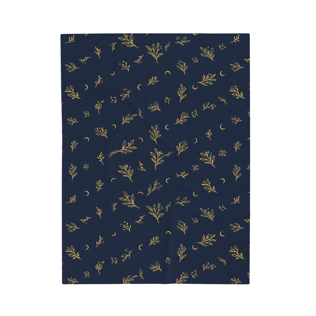 Navy Gold plush blanket, 30" × 40": deep navy with gold botanical sprigs and crescent moons