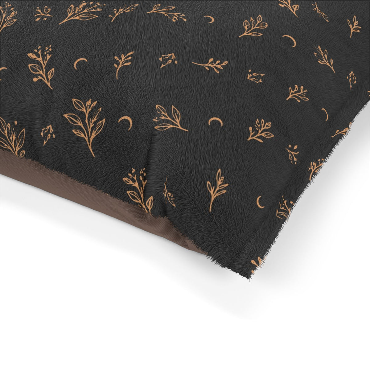 Close-up of the pet bed corner showing the print and brown underside (larger size)