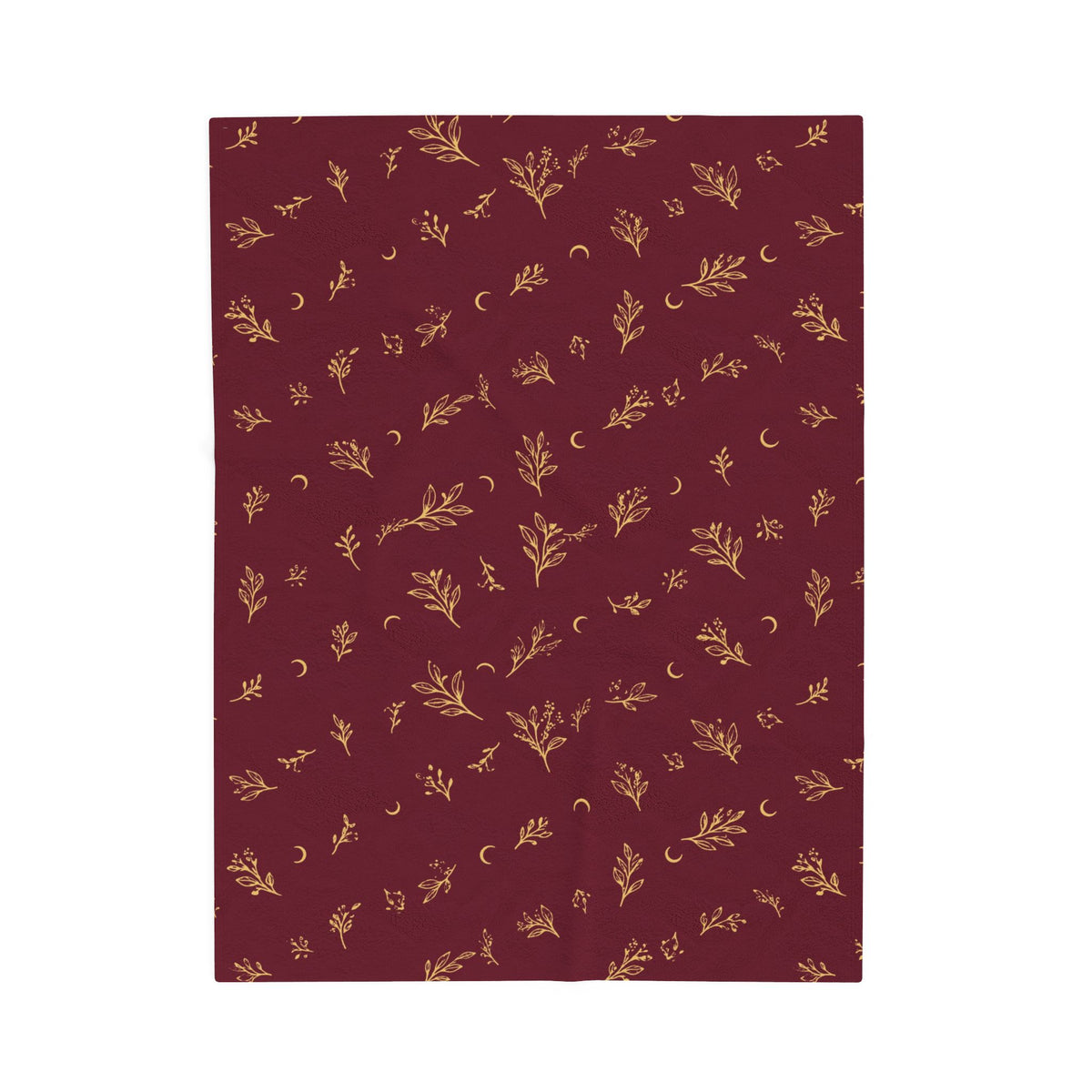Cranberry Gold plush blanket, 30" × 40": cranberry red with gold botanical sprigs and crescent moons