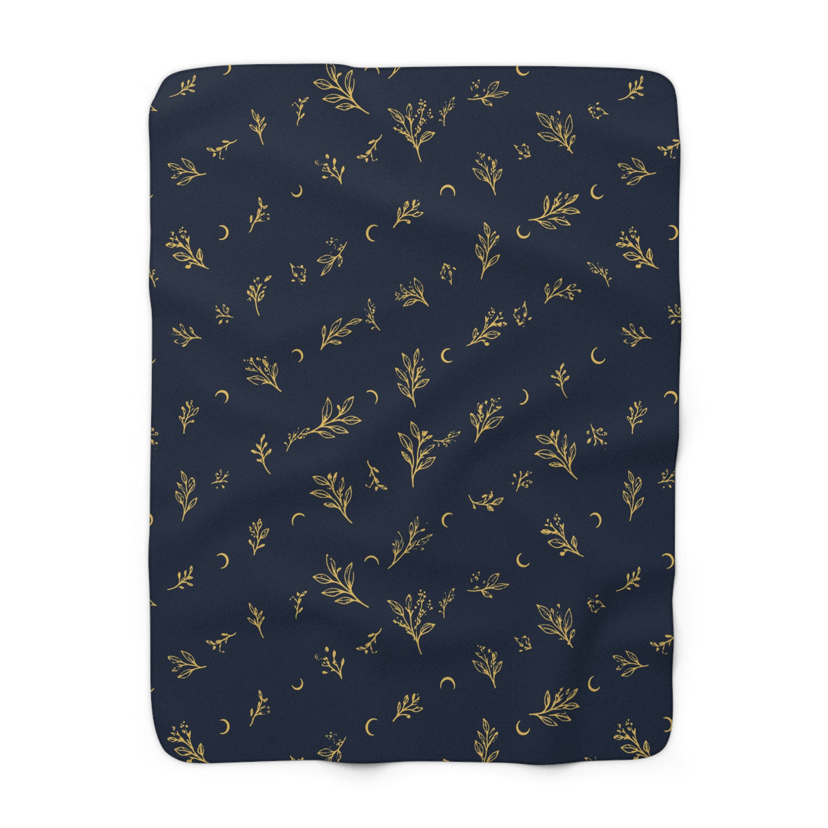 Navy Gold sherpa blanket, 50" × 60": deep navy with gold botanical sprigs and crescent moons