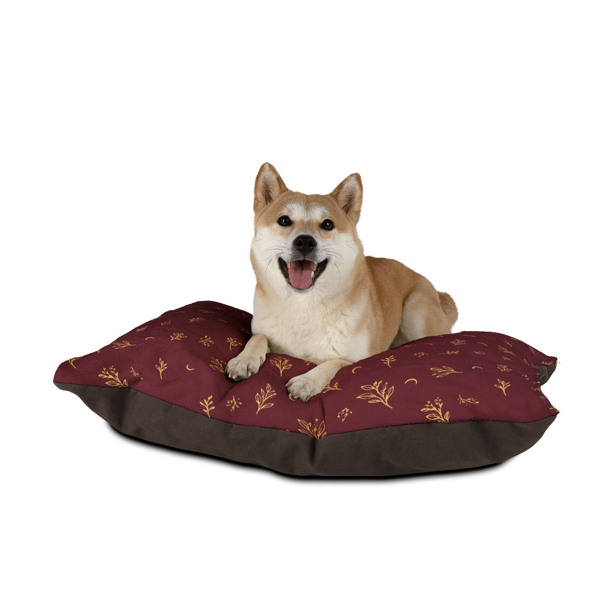 Shiba Inu lying on the Cranberry Gold pet bed