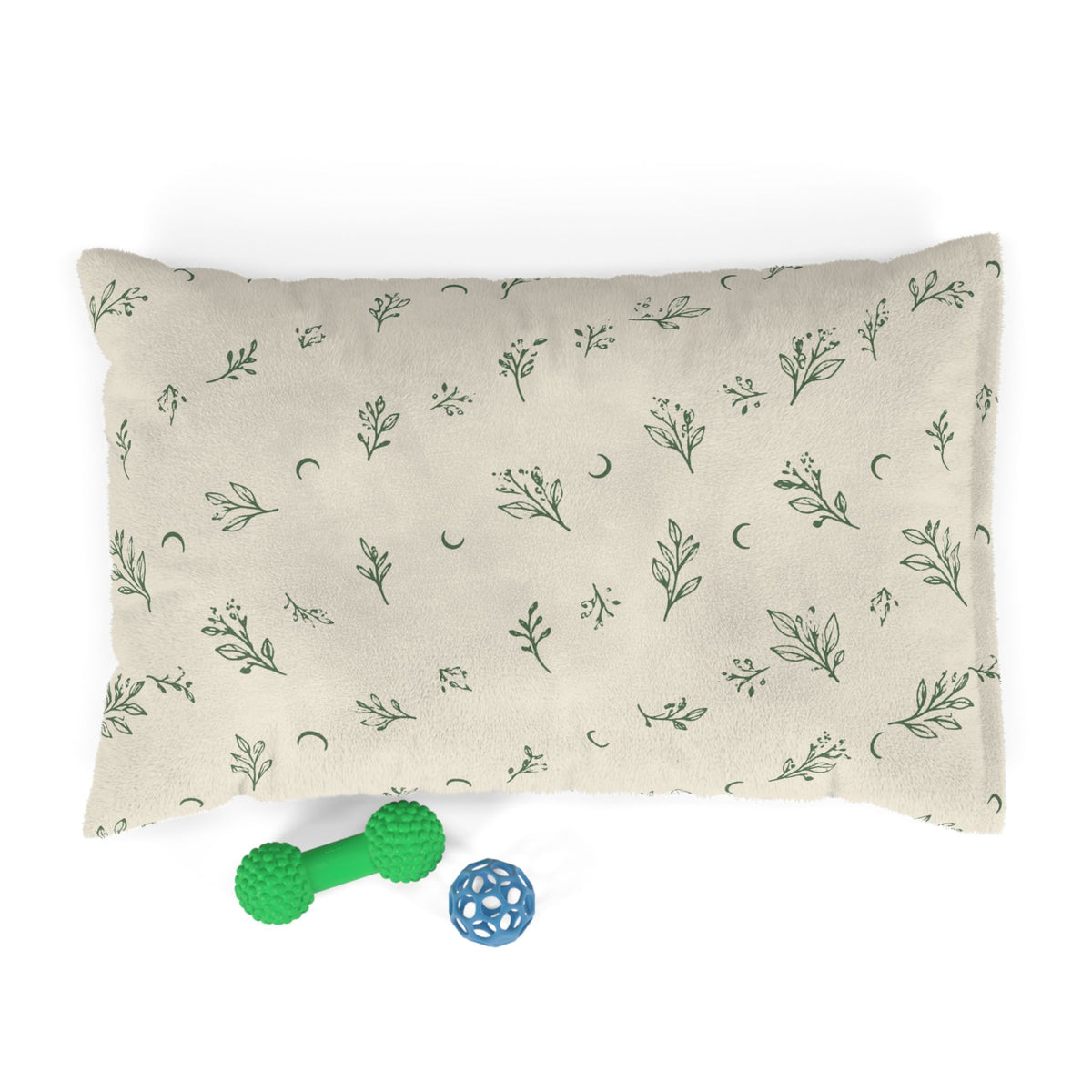 Cream Sage pet bed, 28" × 18": cream with sage green botanical sprigs and crescent moons
