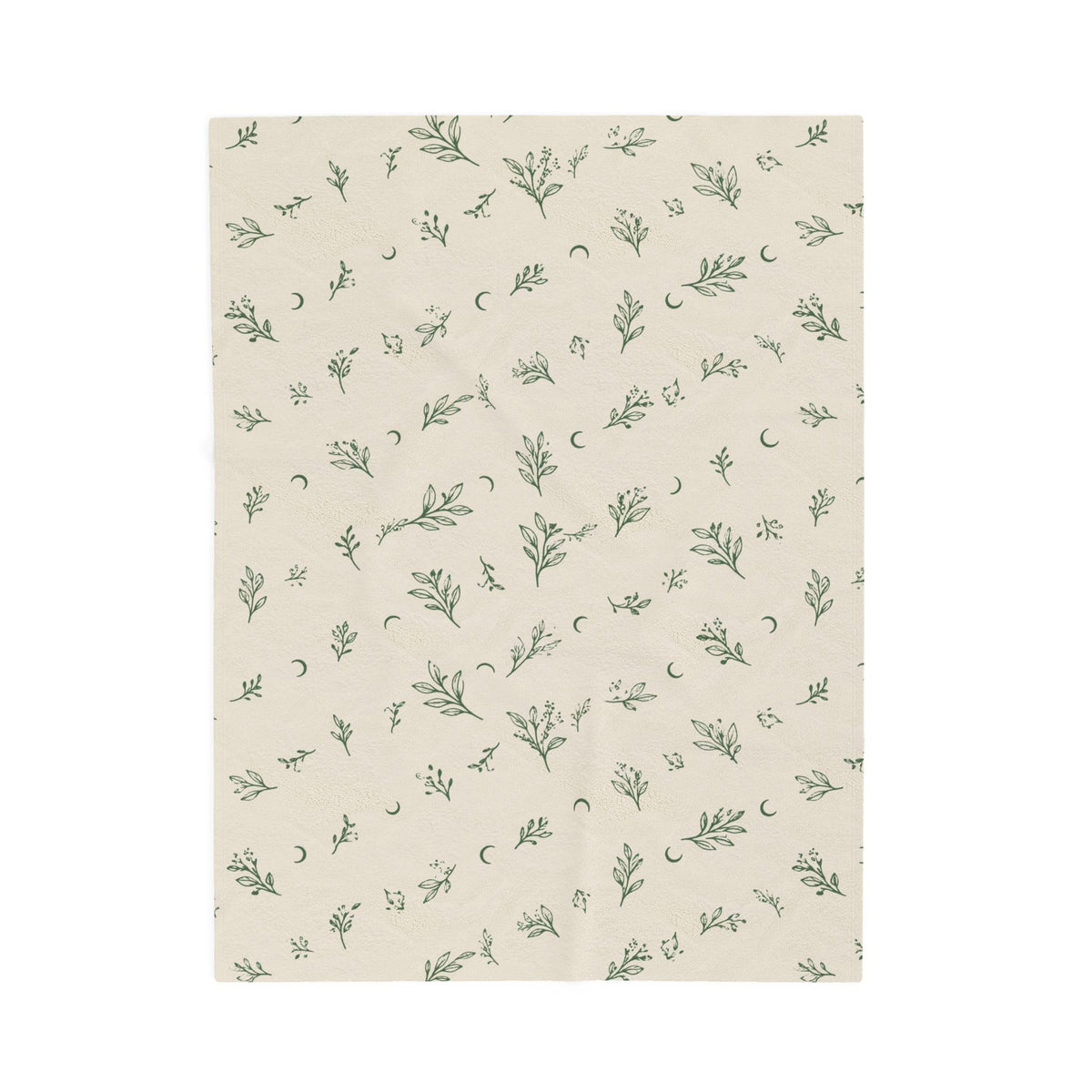 Cream Sage plush blanket, 30" × 40": cream with sage green botanical sprigs and crescent moons