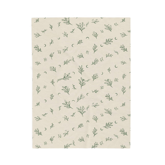 Cream Sage plush blanket, 30" × 40": cream with sage green botanical sprigs and crescent moons