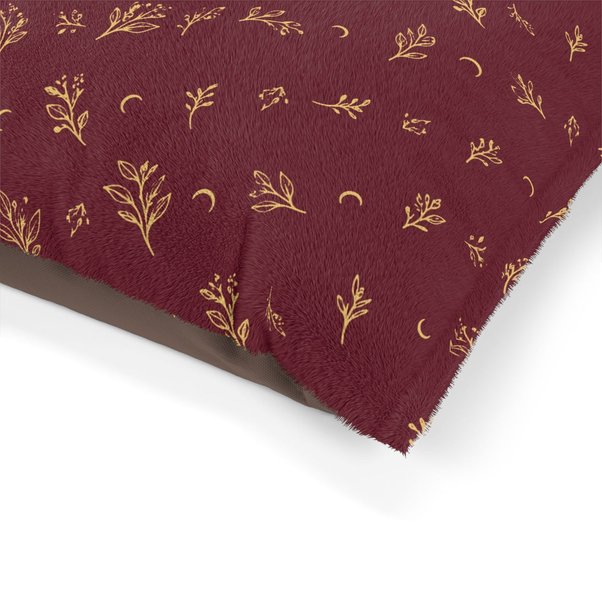 Close-up of the pet bed corner showing the print and brown underside (larger size)
