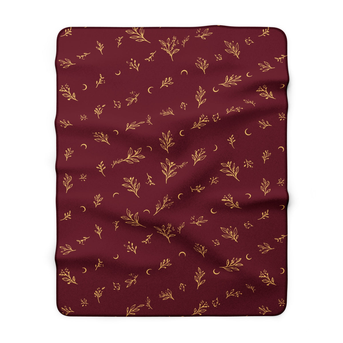 Cranberry Gold sherpa blanket, 30" × 40": cranberry red with gold botanical sprigs and crescent moons