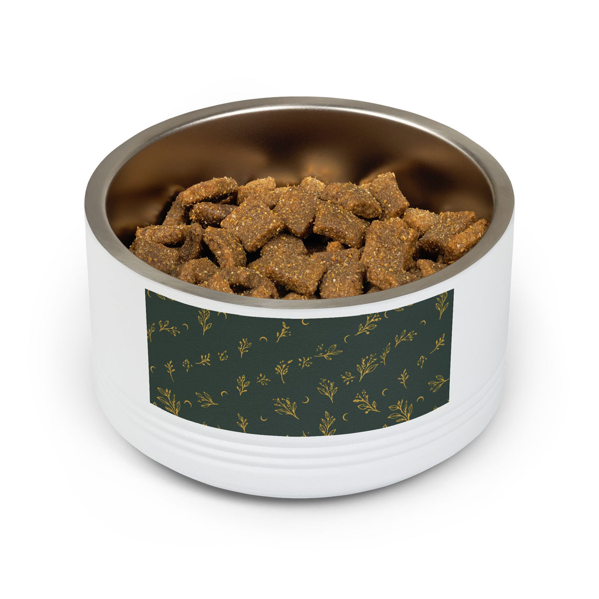 Botanical Gold pet bowl, white 18 oz: filled with kibble, print panel facing front