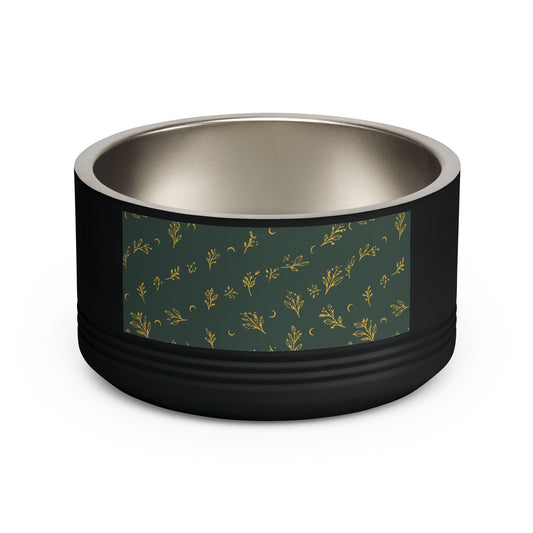 Botanical Gold pet bowl, black 18 oz: front with the deep green and gold sprig print panel