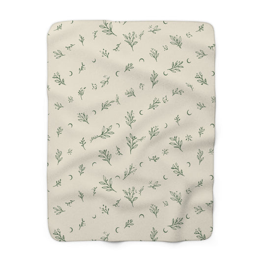 Cream Sage sherpa blanket, 50" × 60": cream with sage green botanical sprigs and crescent moons