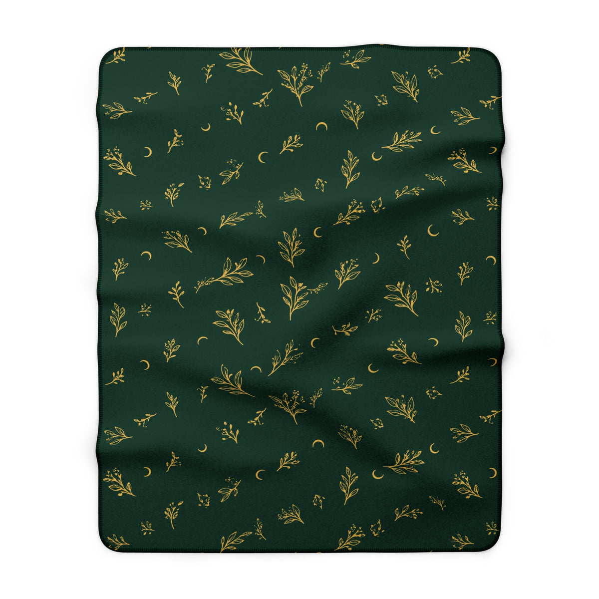 Botanical Gold sherpa blanket, 30" × 40": deep green with gold botanical sprigs and crescent moons