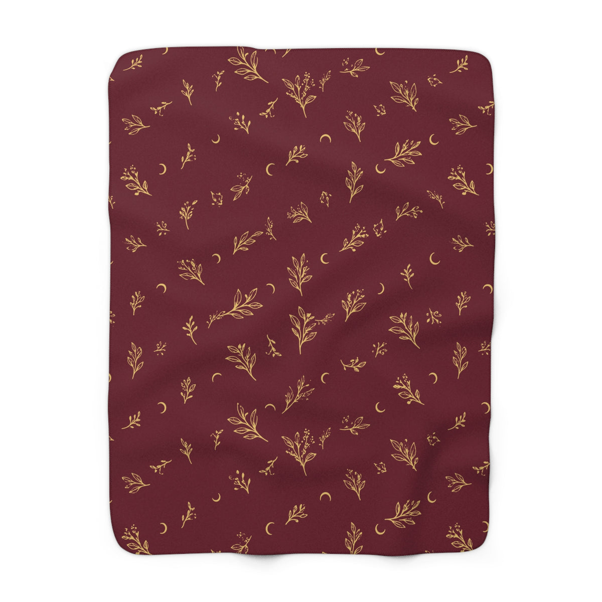 Cranberry Gold sherpa blanket, 50" × 60": cranberry red with gold botanical sprigs and crescent moons