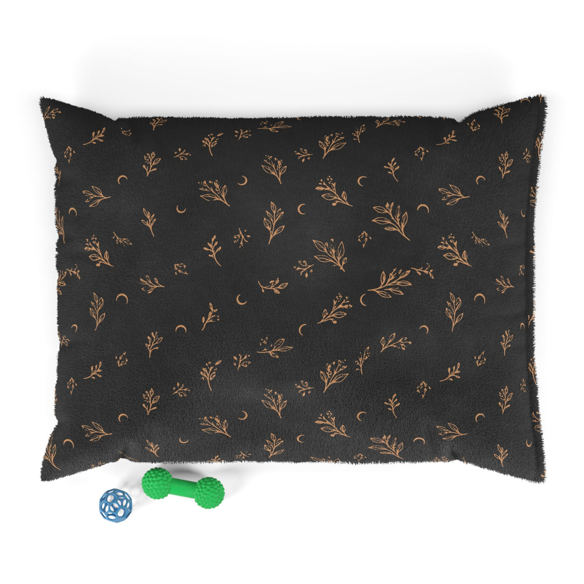 Charcoal Copper pet bed, 40" × 30": charcoal with copper botanical sprigs and crescent moons