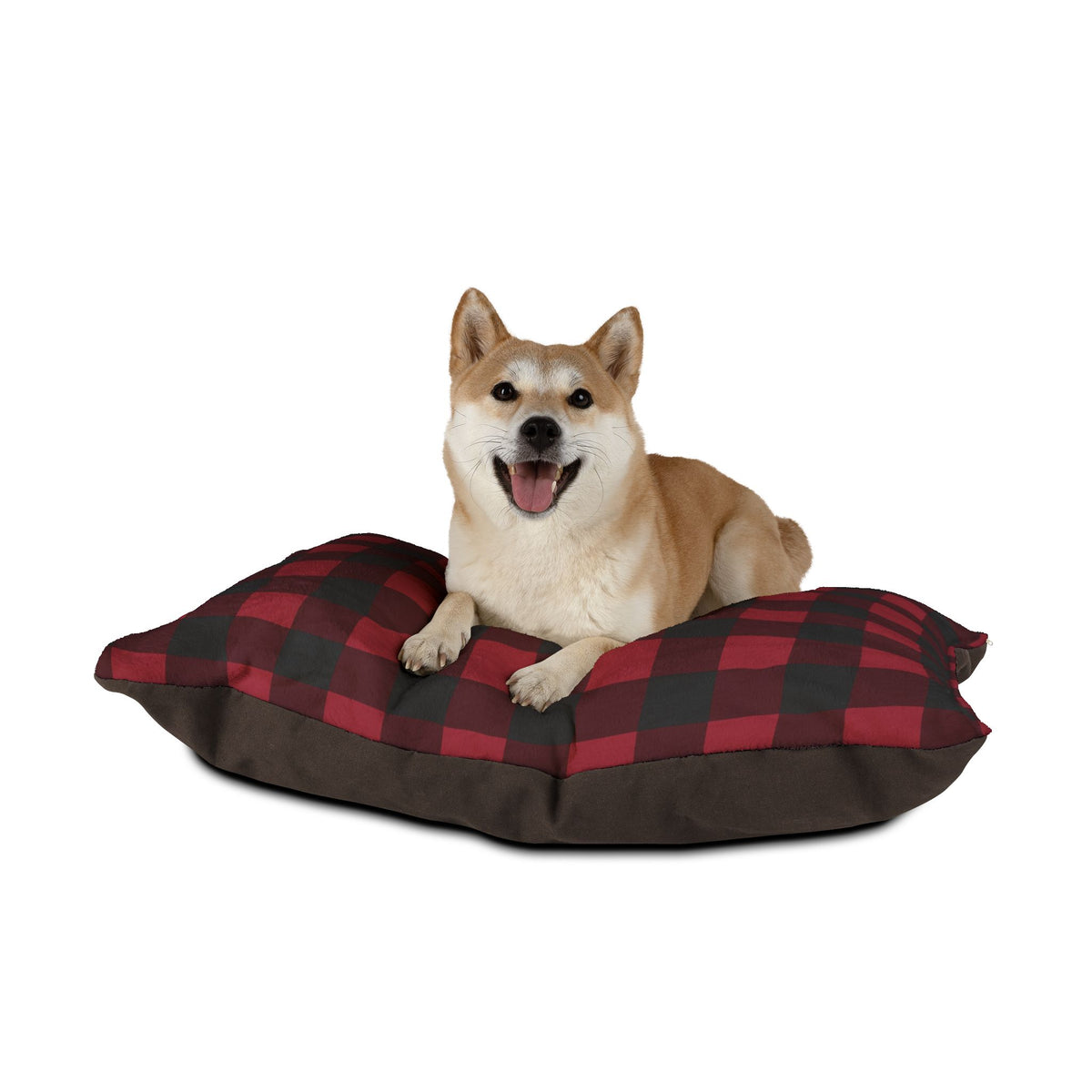 Shiba Inu lying on the Cranberry Buffalo Check pet bed