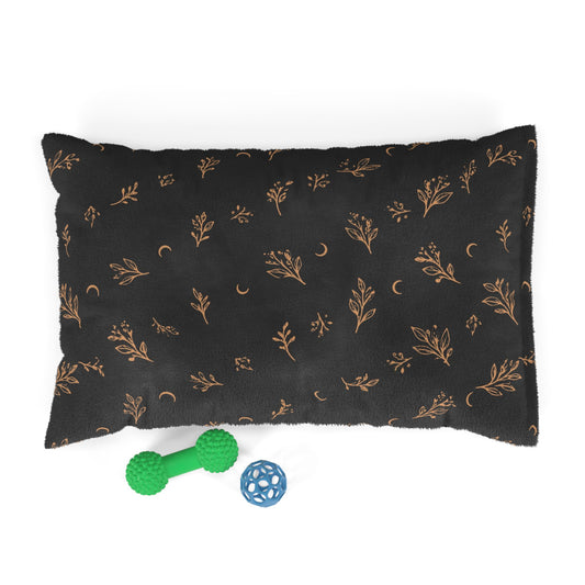 Charcoal Copper pet bed, 28" × 18": charcoal with copper botanical sprigs and crescent moons