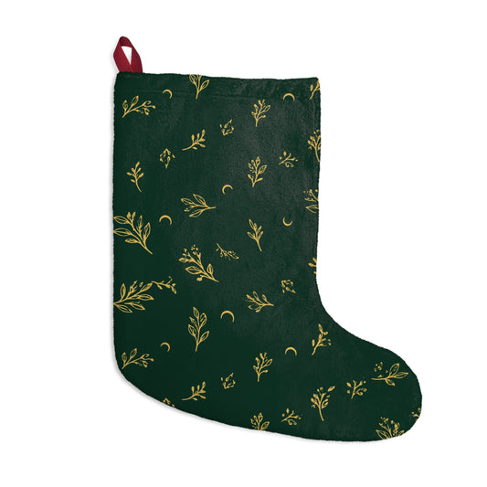 Botanical Gold Christmas stocking, front: deep green with gold botanical sprigs and crescent moons