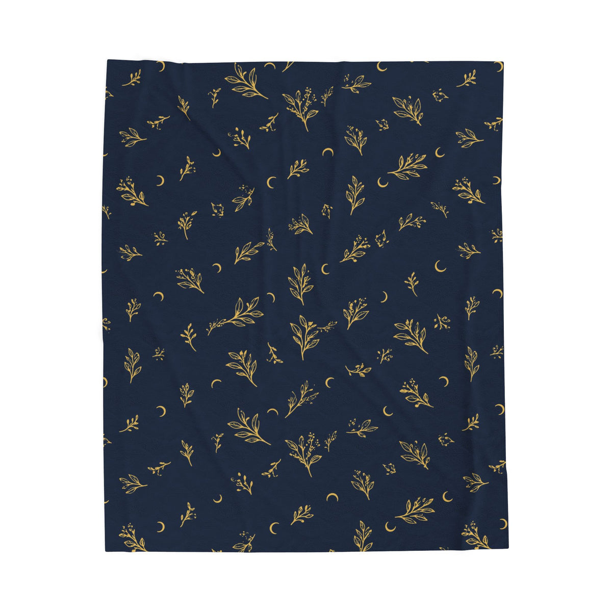 Navy Gold plush blanket, 50" × 60": deep navy with gold botanical sprigs and crescent moons