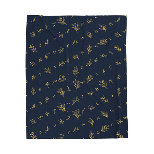 Navy Gold plush blanket, 50" × 60": deep navy with gold botanical sprigs and crescent moons