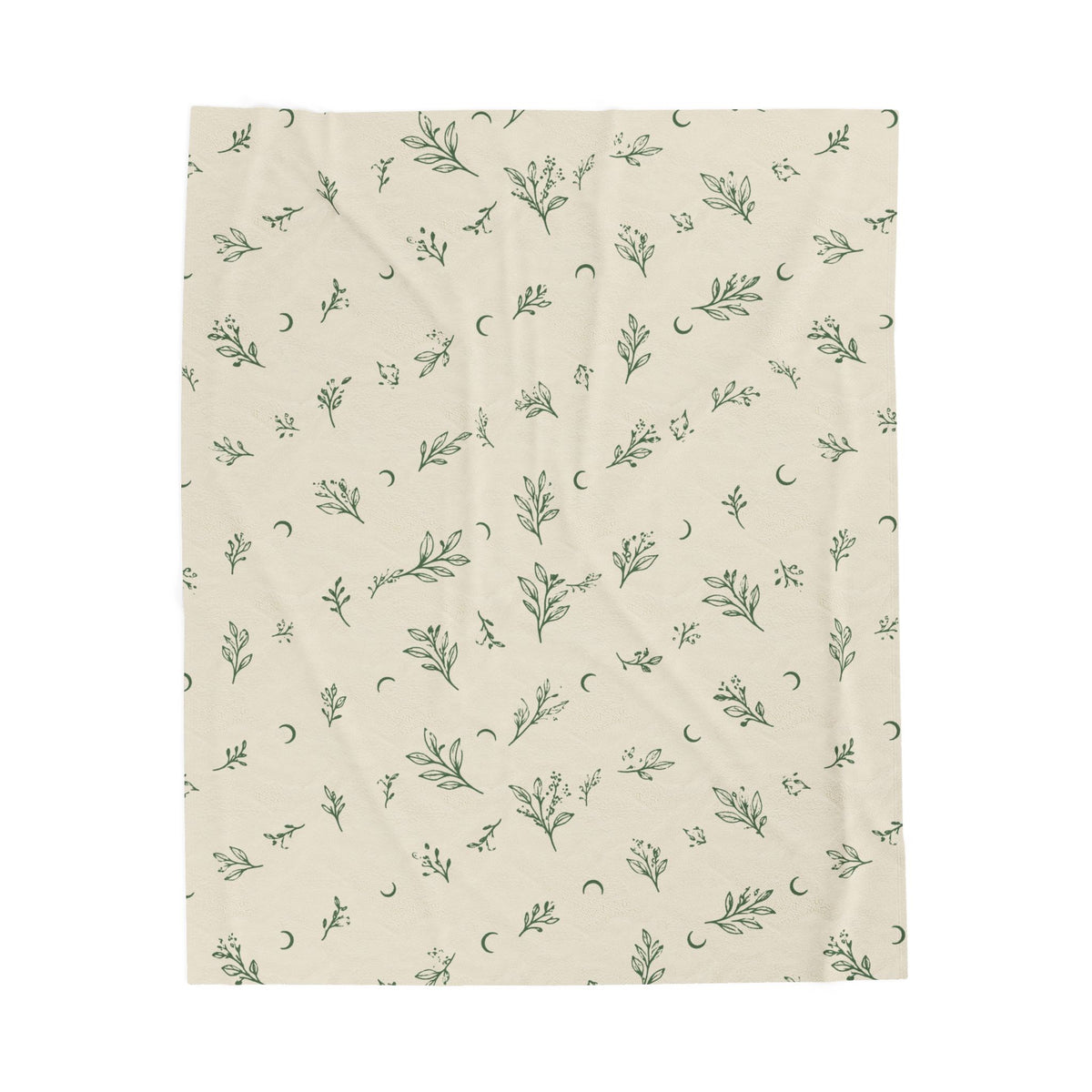 Cream Sage plush blanket, 50" × 60": cream with sage green botanical sprigs and crescent moons