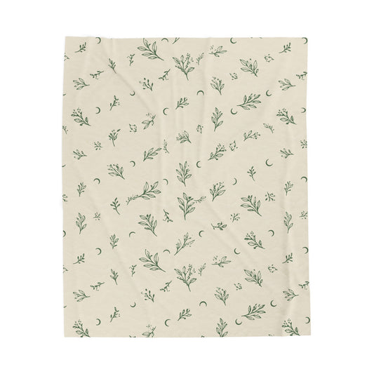 Cream Sage plush blanket, 50" × 60": cream with sage green botanical sprigs and crescent moons
