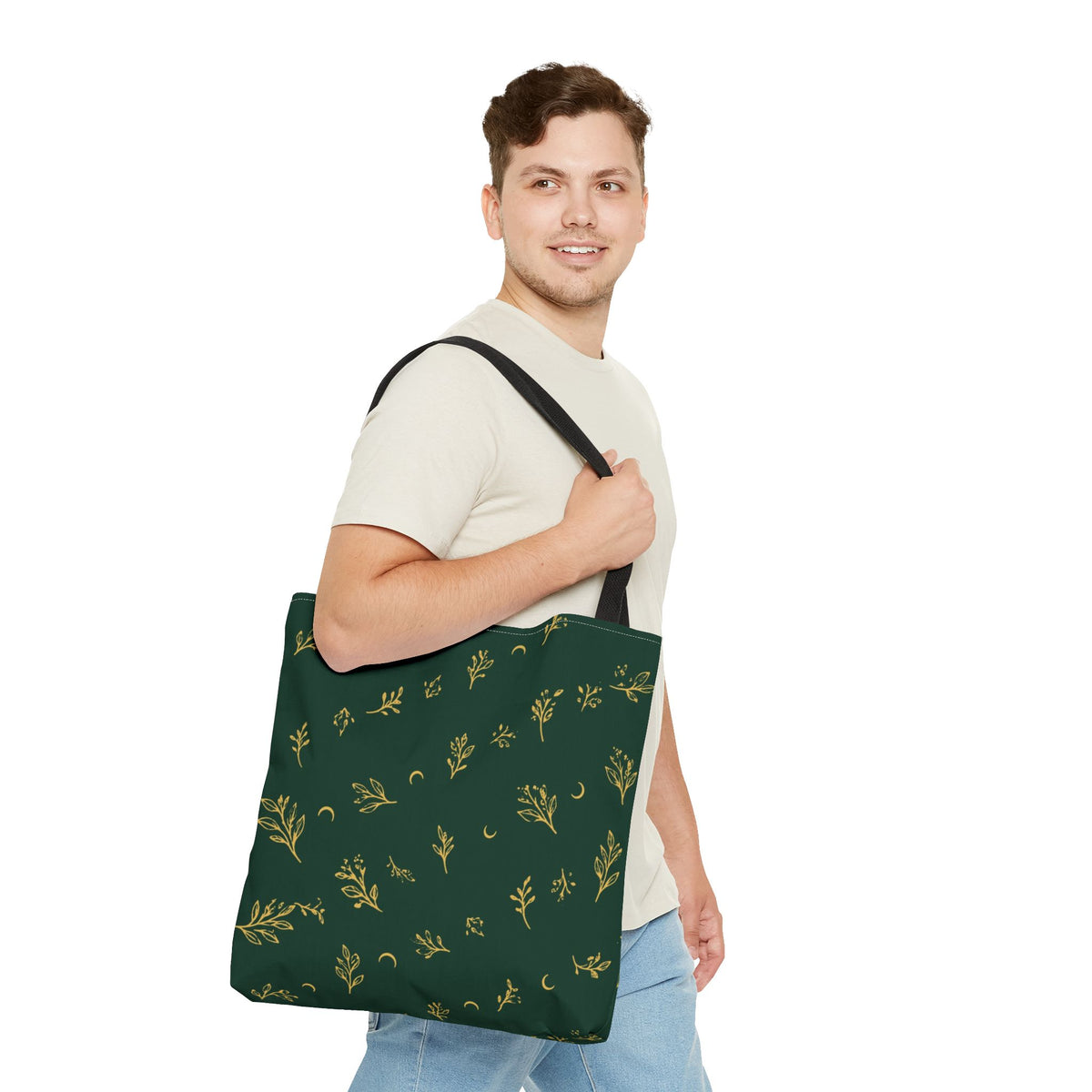 Botanical Gold tote bag, 18" × 18": carried by a person, showing its size