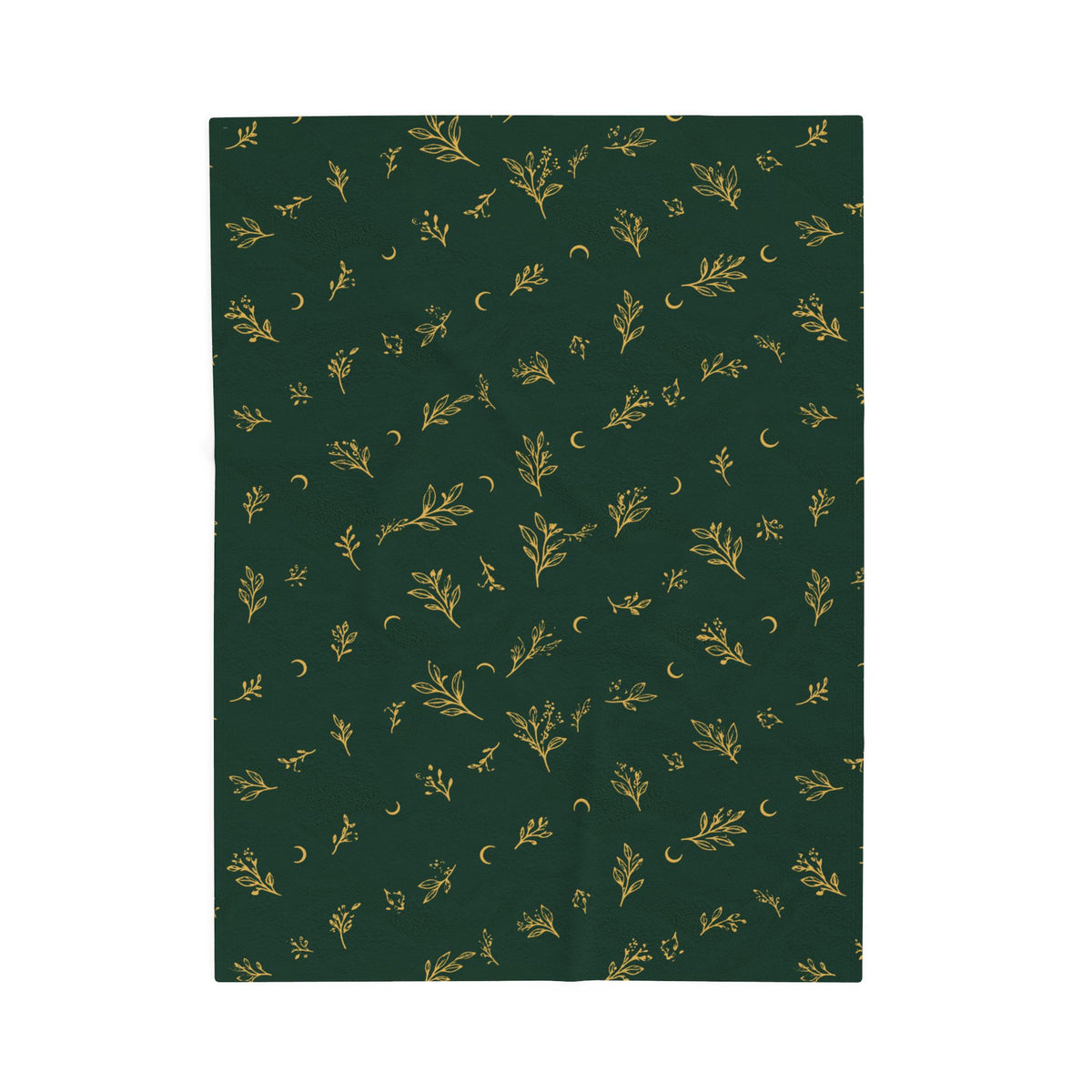 Botanical Gold plush blanket, 30" × 40": deep green with gold botanical sprigs and crescent moons