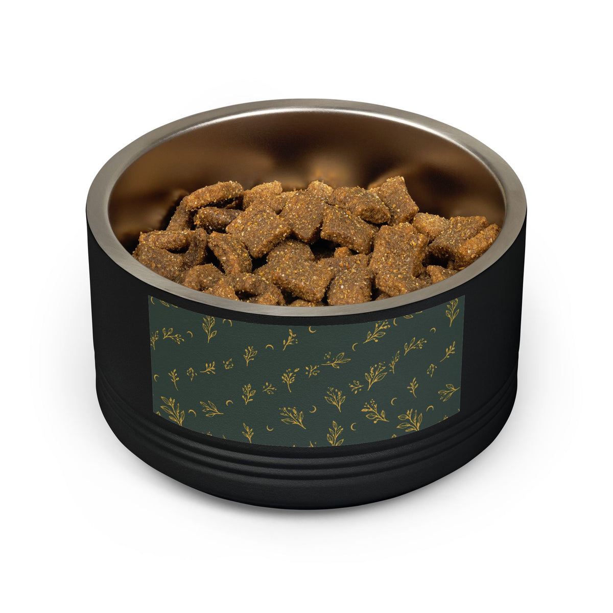 Botanical Gold pet bowl, black 18 oz: filled with kibble, print panel facing front
