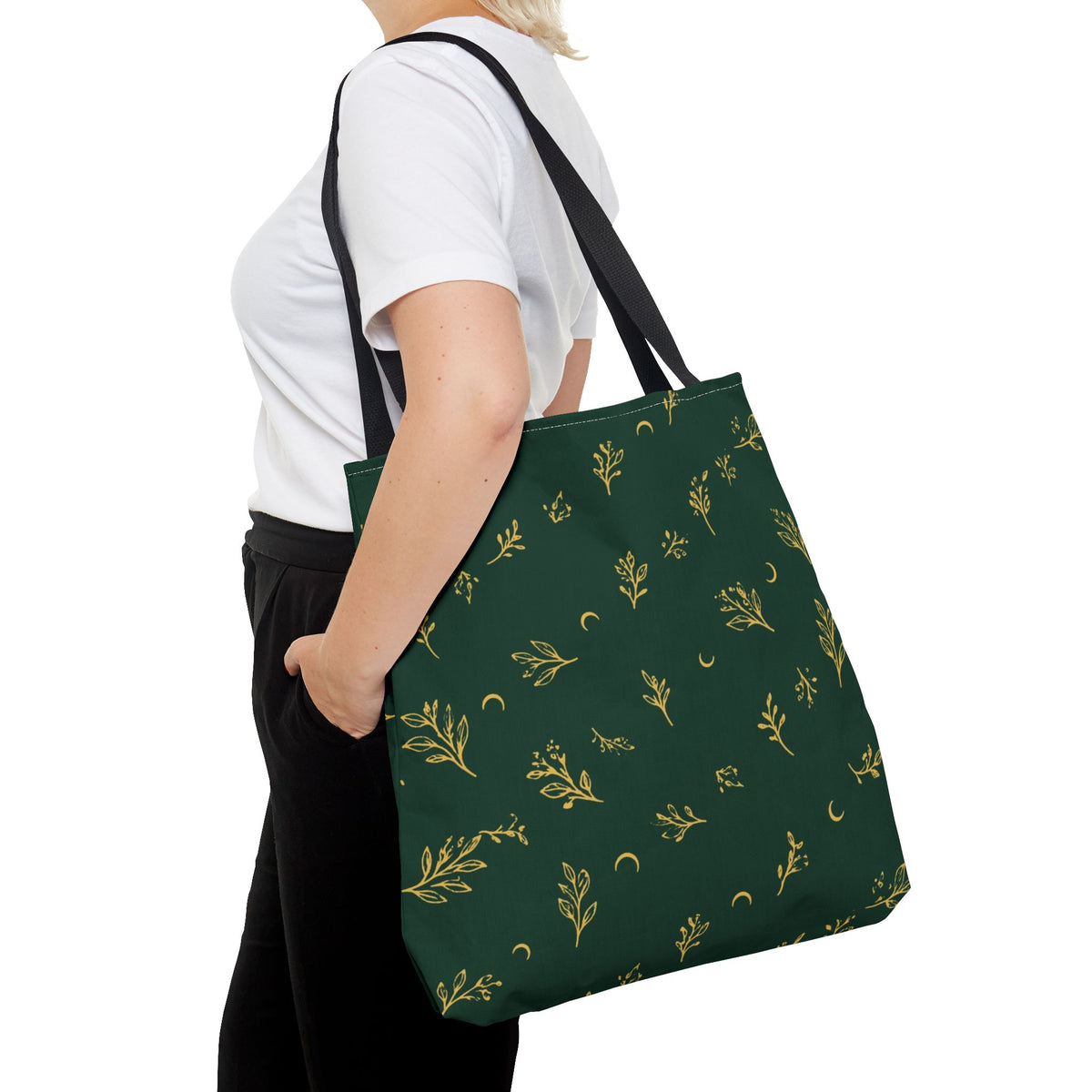 Botanical Gold tote bag, 18" × 18": carried by a person, showing its size