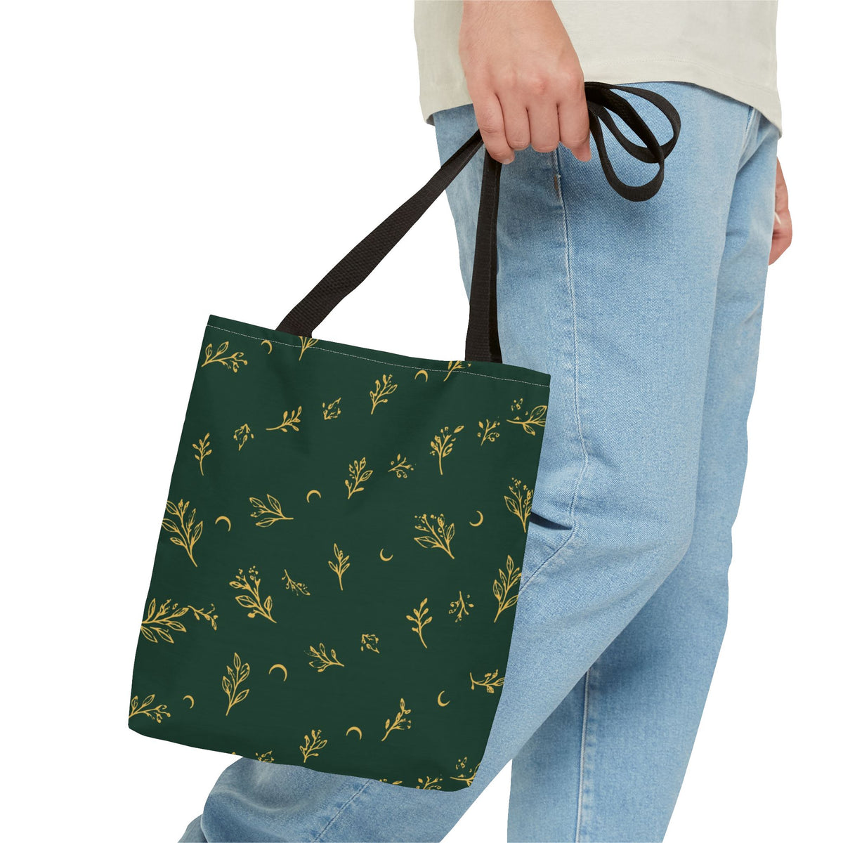 Botanical Gold tote bag, 13" × 13": carried by a person, showing its size