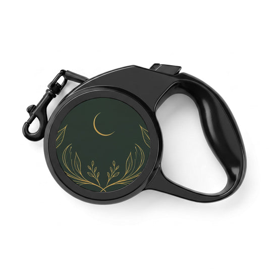 Botanical Gold retractable dog leash, 16.4 ft: black handle printed with a gold crescent moon and botanical wreath on deep green
