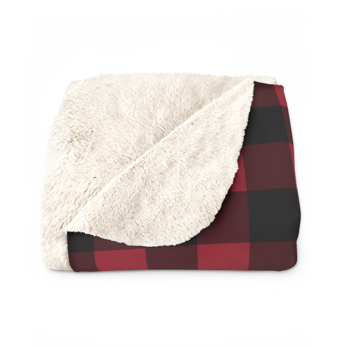 Cranberry Buffalo Check sherpa blanket folded to show the cream sherpa back (larger size)