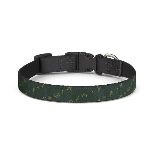 Botanical Gold pet collar, size S: deep green with gold botanical sprigs and crescent moons
