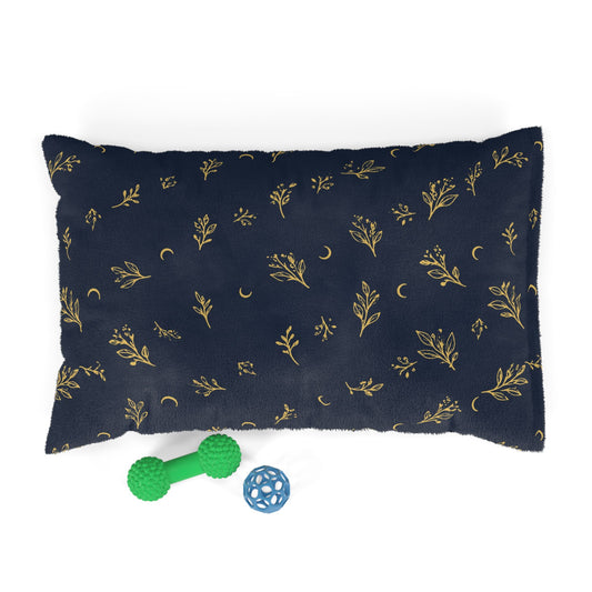 Navy Gold pet bed, 28" × 18": deep navy with gold botanical sprigs and crescent moons