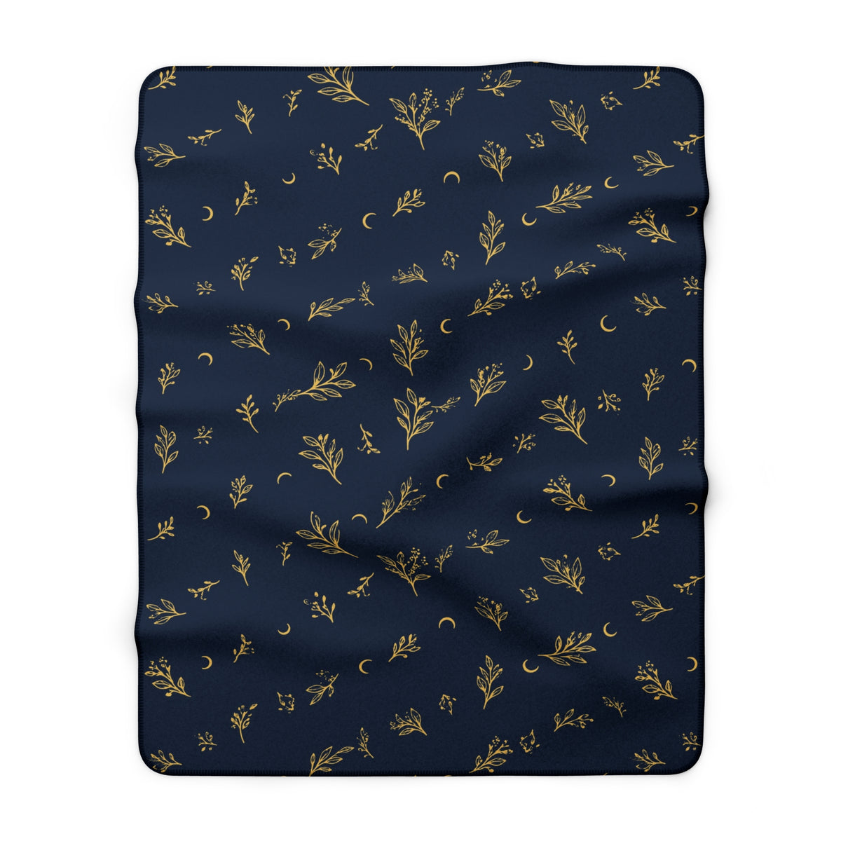Navy Gold sherpa blanket, 30" × 40": deep navy with gold botanical sprigs and crescent moons