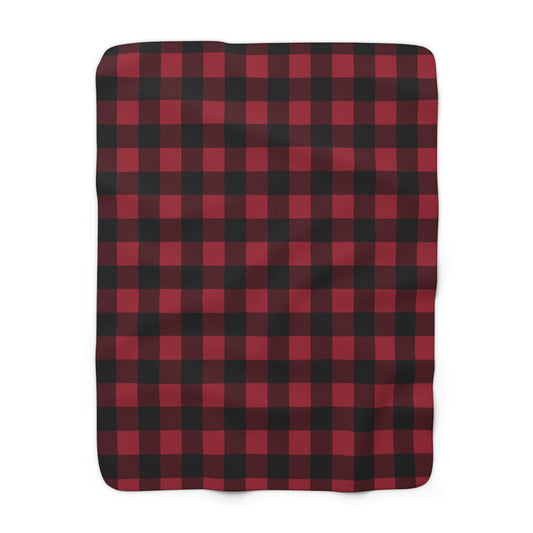 Cranberry Buffalo Check sherpa blanket, 50" × 60": cranberry red and black buffalo check