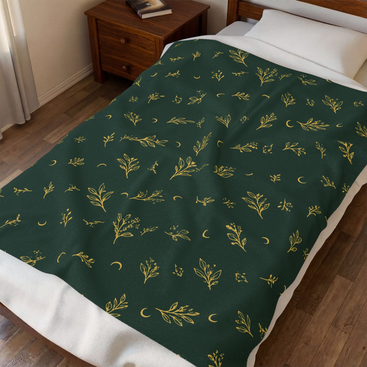 Botanical Gold plush blanket spread across a bed