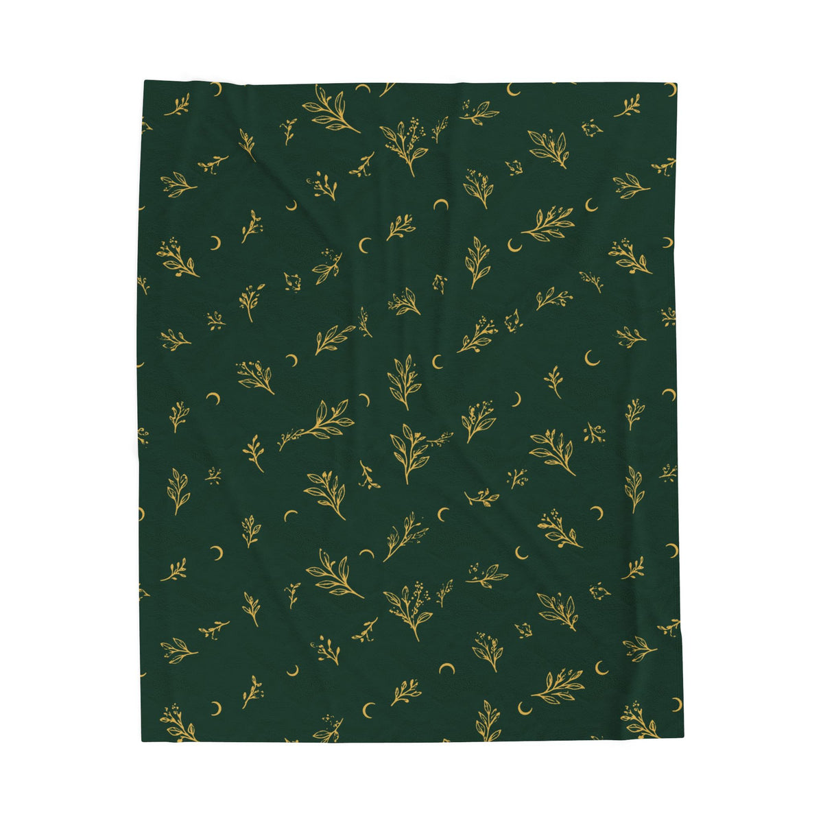 Botanical Gold plush blanket, 50" × 60": deep green with gold botanical sprigs and crescent moons