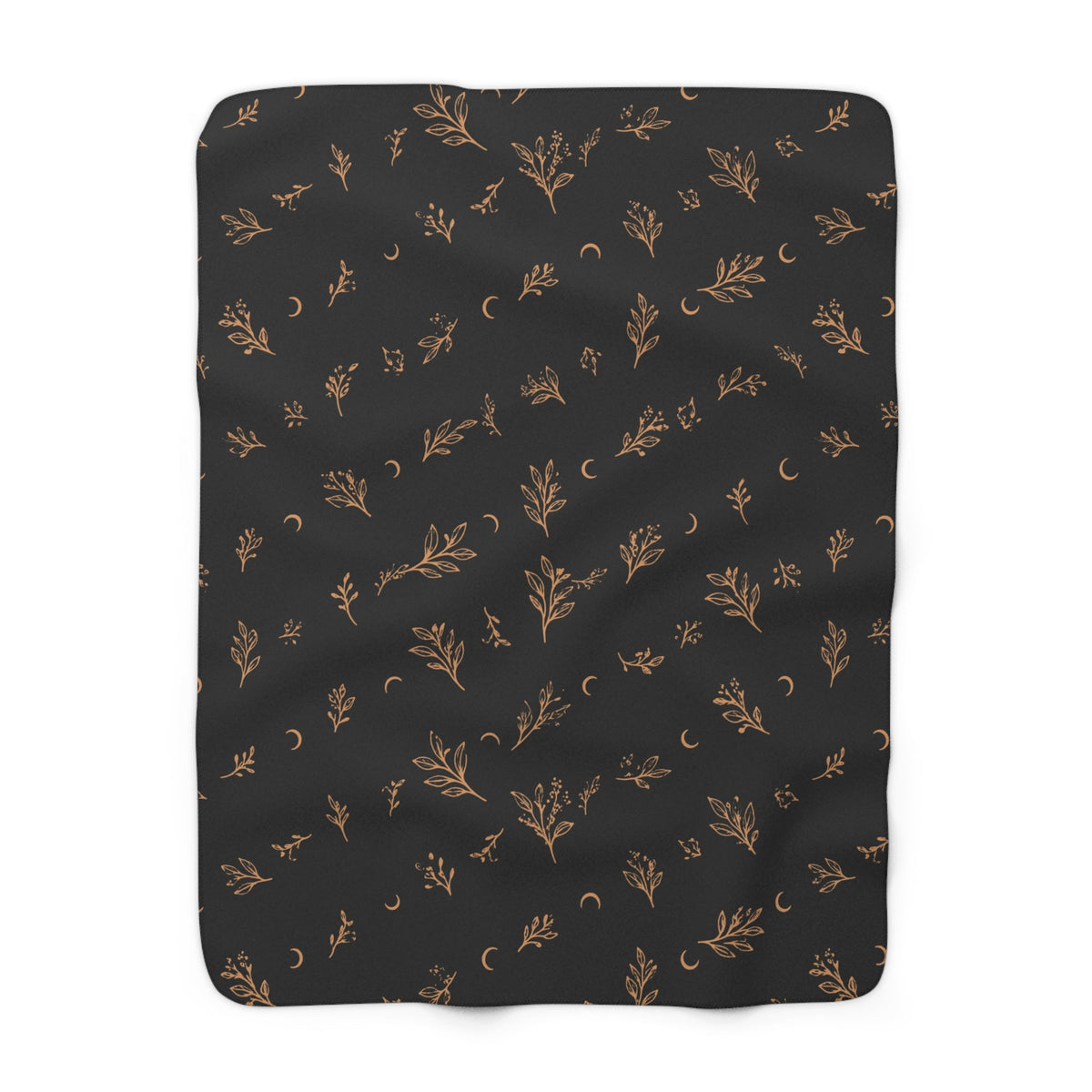 Charcoal Copper sherpa blanket, 50" × 60": charcoal with copper botanical sprigs and crescent moons