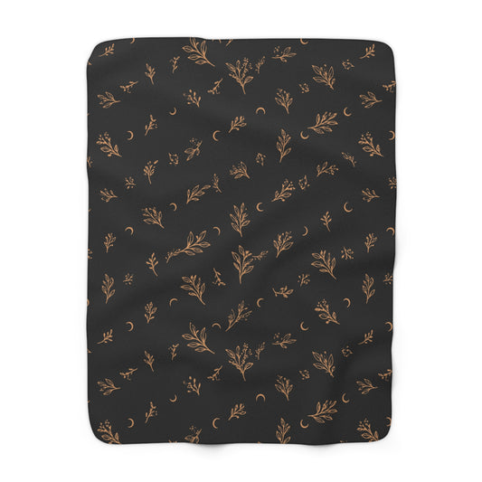 Charcoal Copper sherpa blanket, 50" × 60": charcoal with copper botanical sprigs and crescent moons