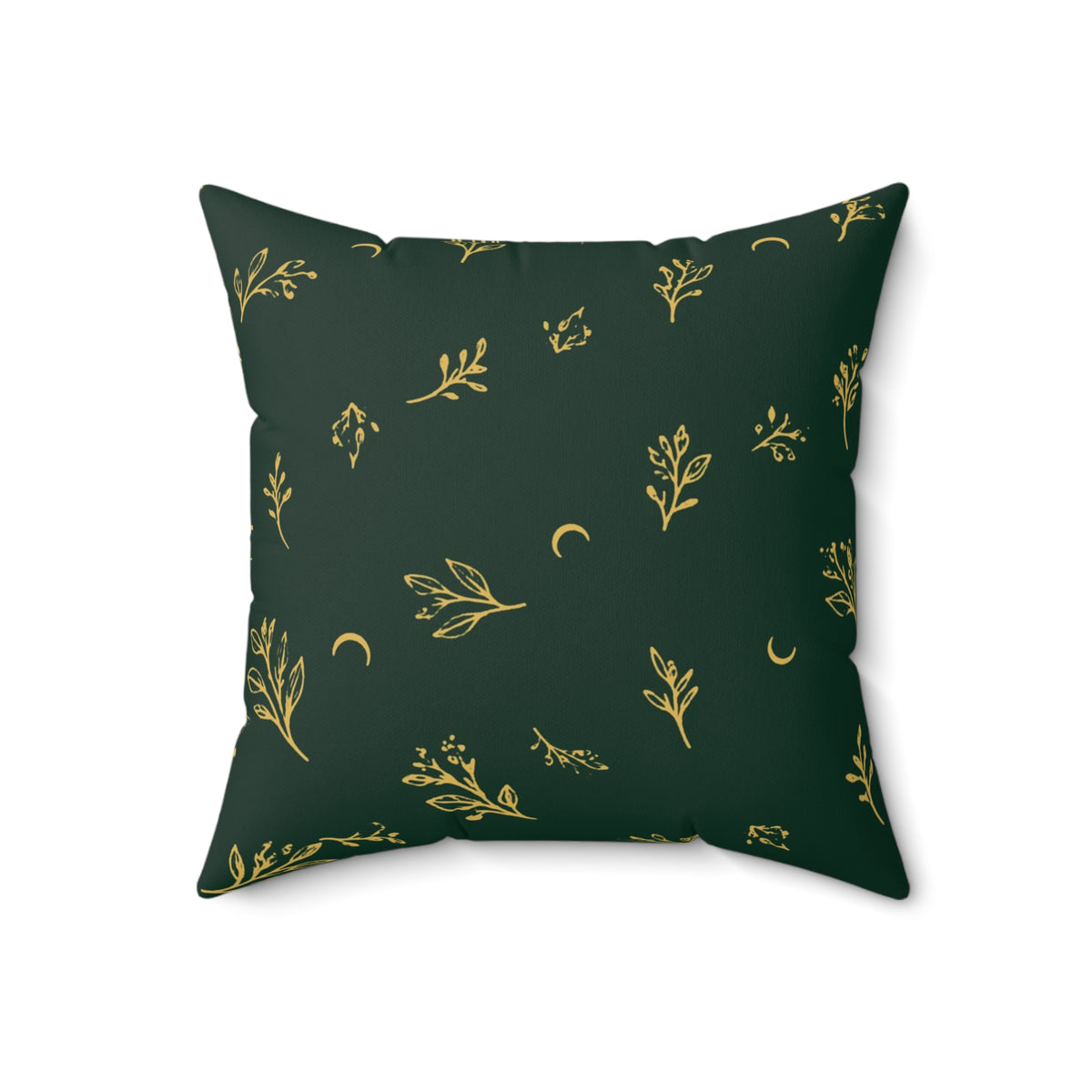 Botanical Gold throw pillow, 18" × 18": deep green with gold botanical sprigs and crescent moons, front
