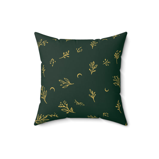 Botanical Gold throw pillow, 16" × 16": deep green with gold botanical sprigs and crescent moons, front