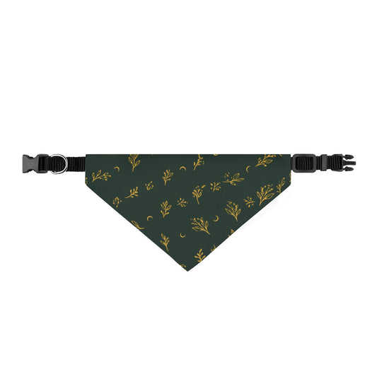 Botanical Gold clip-on pet bandana, size M: deep green with gold sprigs and crescent moons on a plain black adjustable collar