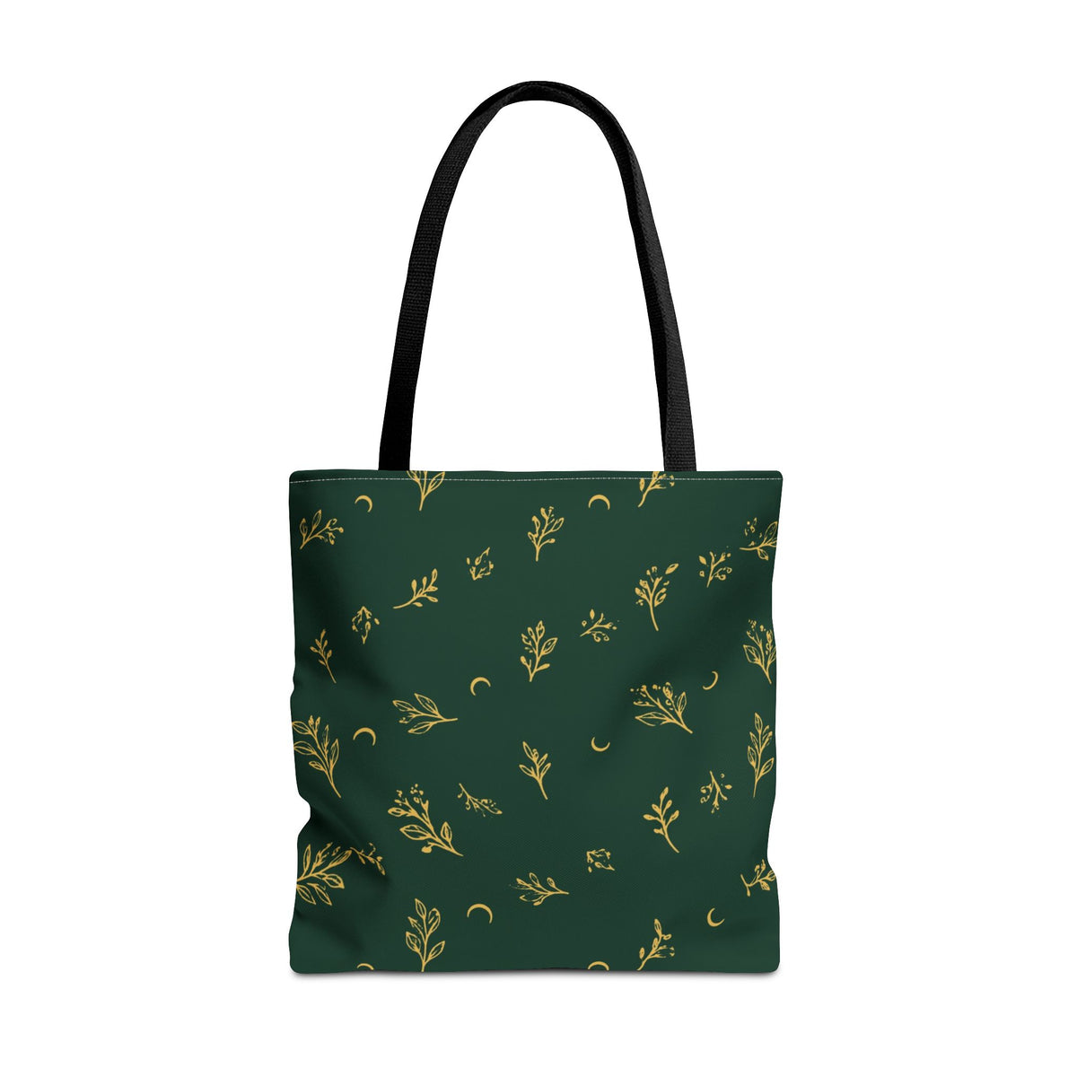 Botanical Gold tote bag, 18" × 18": deep green with gold botanical sprigs and crescent moons, front