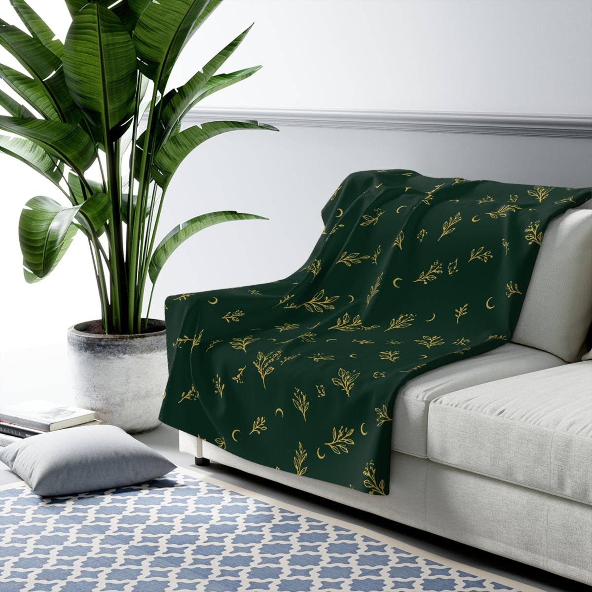 Botanical Gold sherpa blanket draped over a sofa