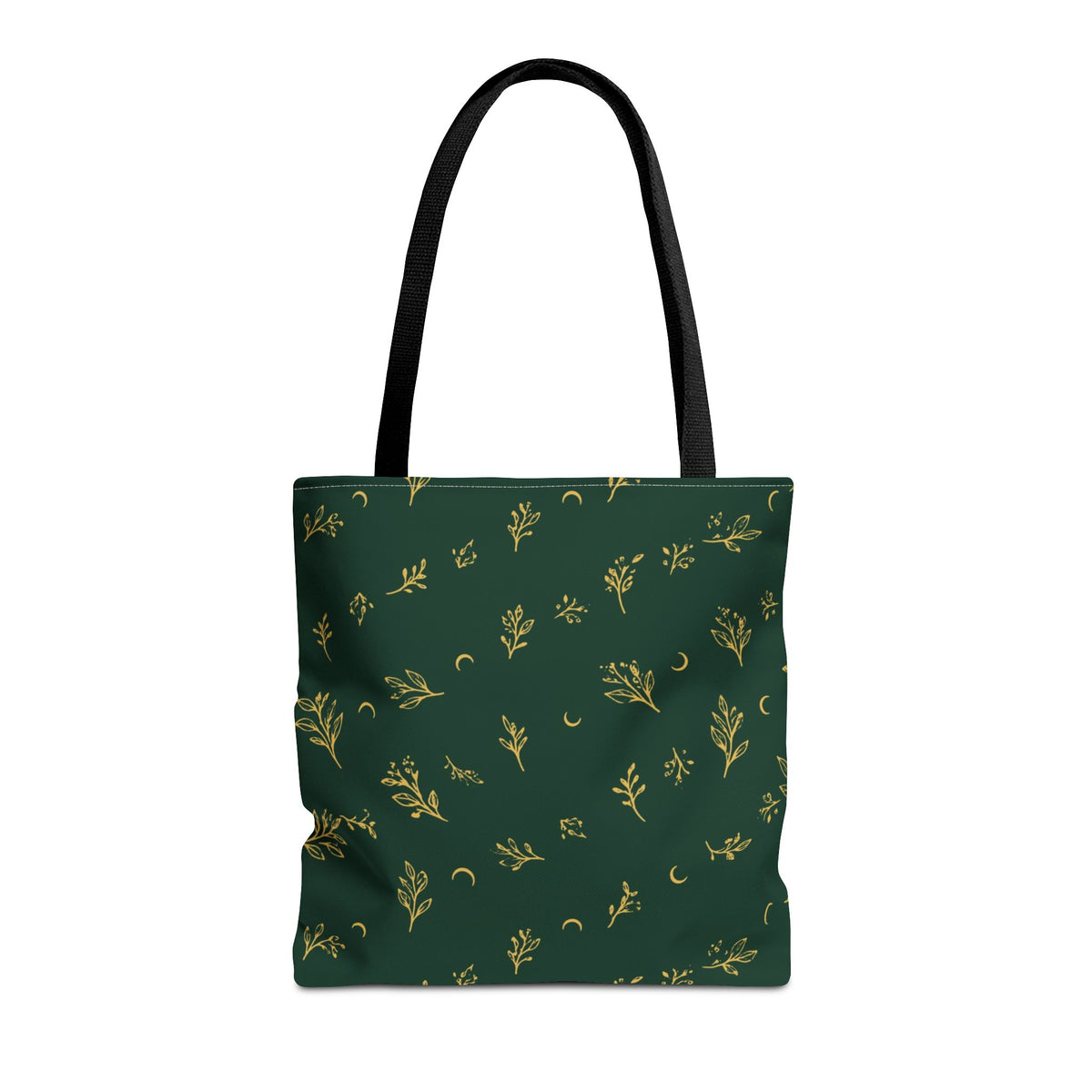 Botanical Gold tote bag, 16" × 16": deep green with gold botanical sprigs and crescent moons, front