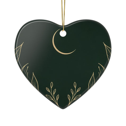 Botanical Gold ceramic ornament, heart: gold crescent moon and sprigs on deep green