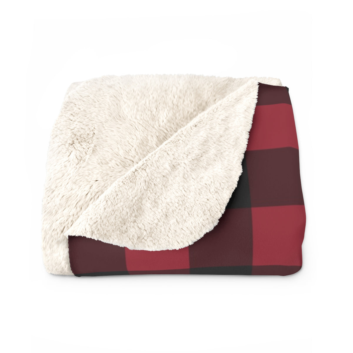 Cranberry Buffalo Check sherpa blanket folded to show the cream sherpa back