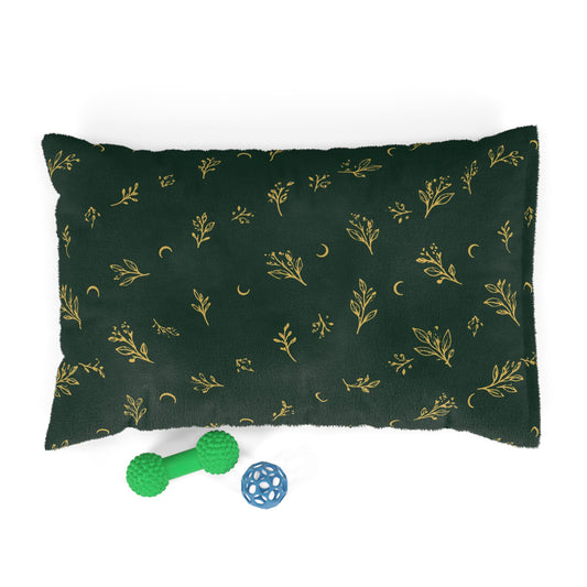 Botanical Gold pet bed, 28" × 18": deep green with gold botanical sprigs and crescent moons